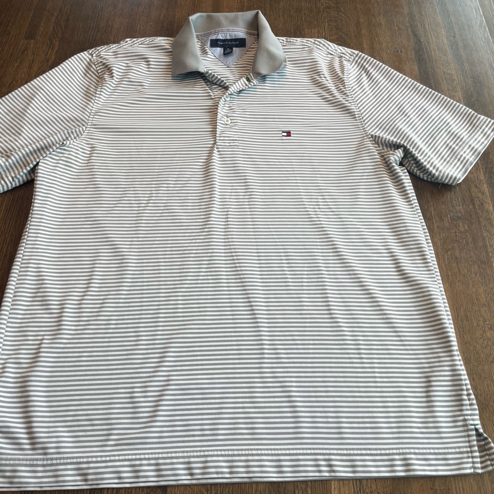 Tommy Hilfiger Gray White Stripe Polo Classic Casual Preppy - size XL
